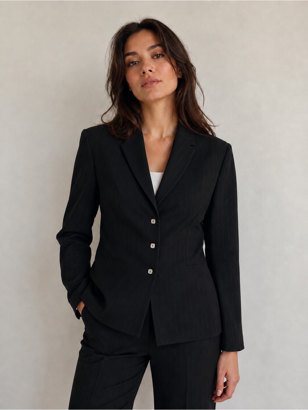 Blazer Black Women’s Size 12 Petite Pinstriped Lined Button Down Casual Business